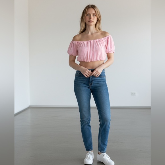 Tops - Pink Off-Shoulder Pearl Crop Top –Romantic Blouse (XS/S)